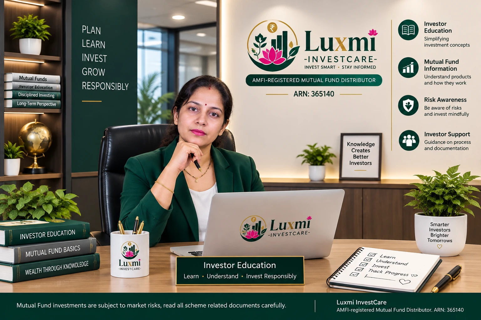 Luxmi InvestCare investor education office with AMFI registration and investor awareness messaging